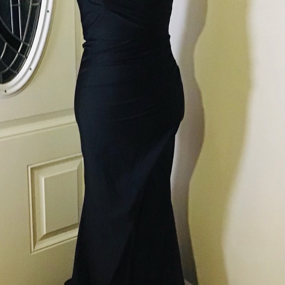 Black Satin Ruched Maxi Dress with Crystal-Trimmed V-Neck - Picture 6 of 7